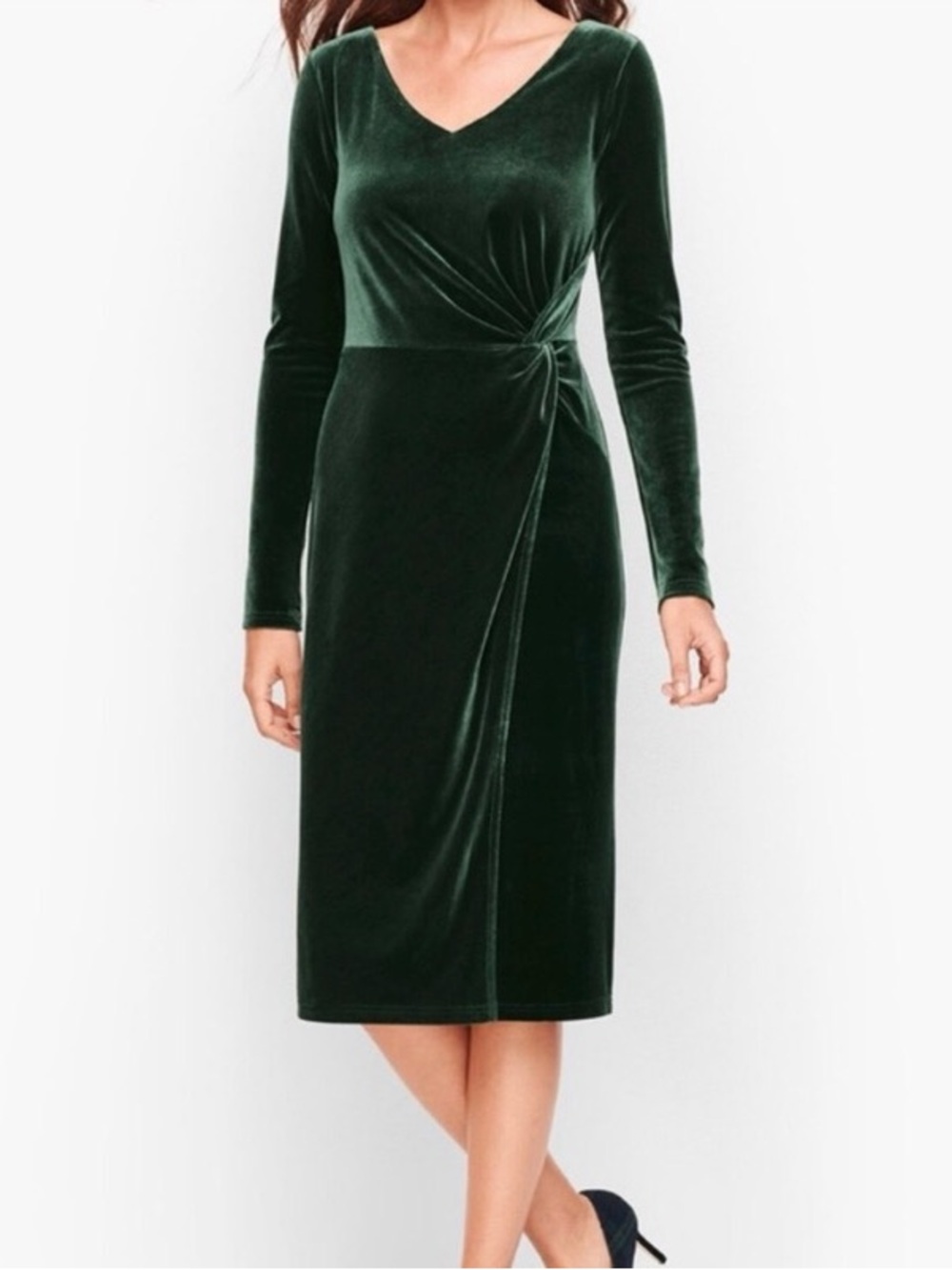 Talbot’s XL Velour Velvet Green Twist Front Dress Long Sleeve Knee Length